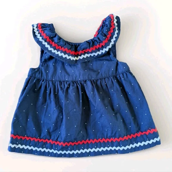 Janie And Jack Ric Rac Dot Dress 12-18 M Patriotic Red White Blue Trim Americana - Picture 1 of 4